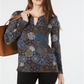 Top feminino Michael Kors com estampa de medalhão e decote em V, azul, tamanho pequeno M