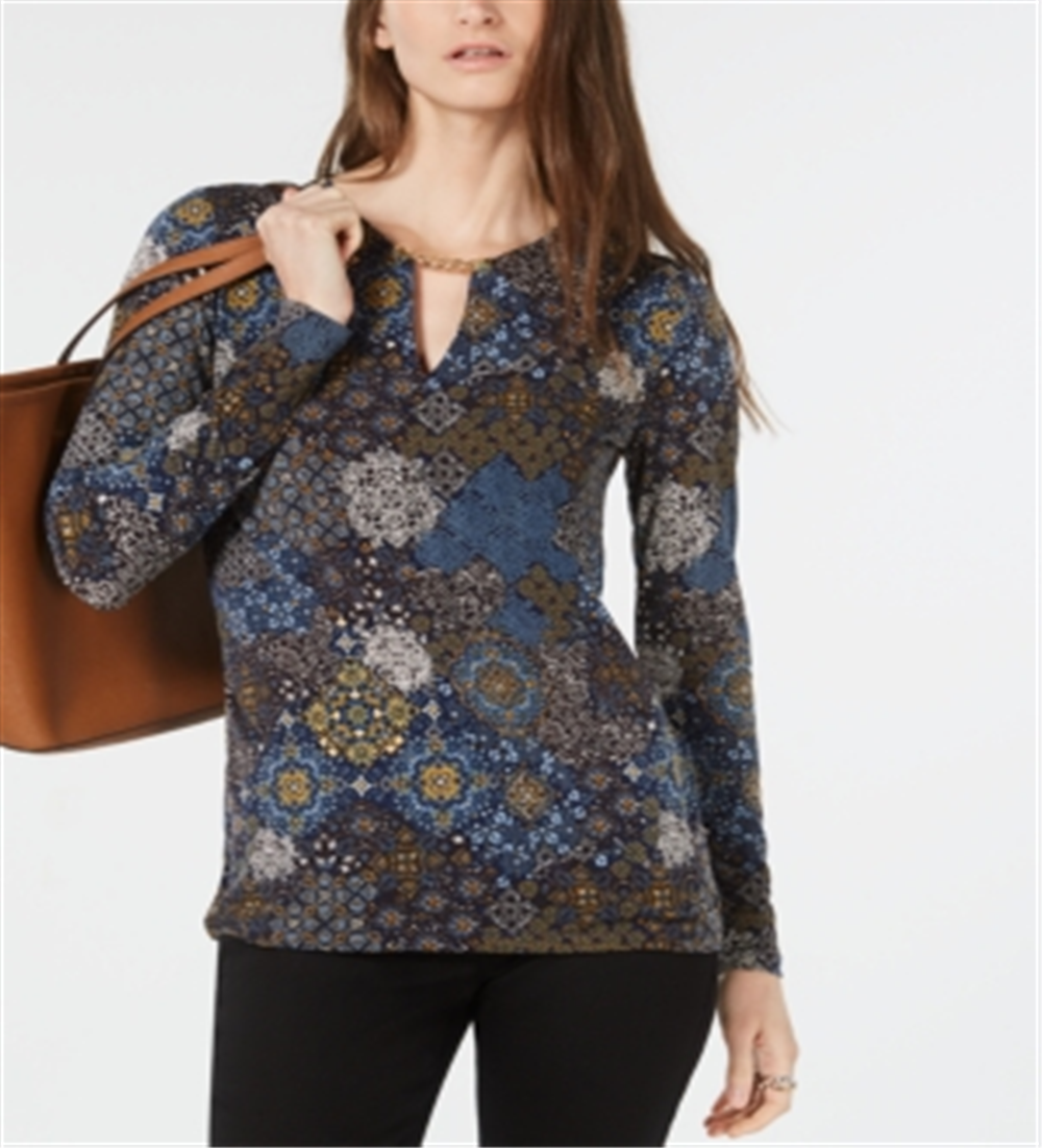 Top feminino Michael Kors com estampa de medalhão e decote em V, azul, tamanho pequeno M
