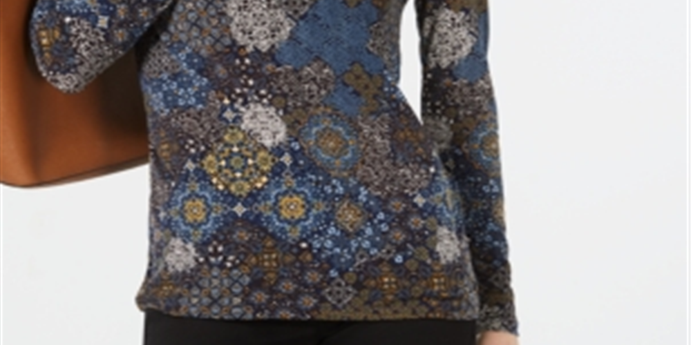 Top feminino Michael Kors com estampa de medalhão e decote em V, azul, tamanho pequeno M