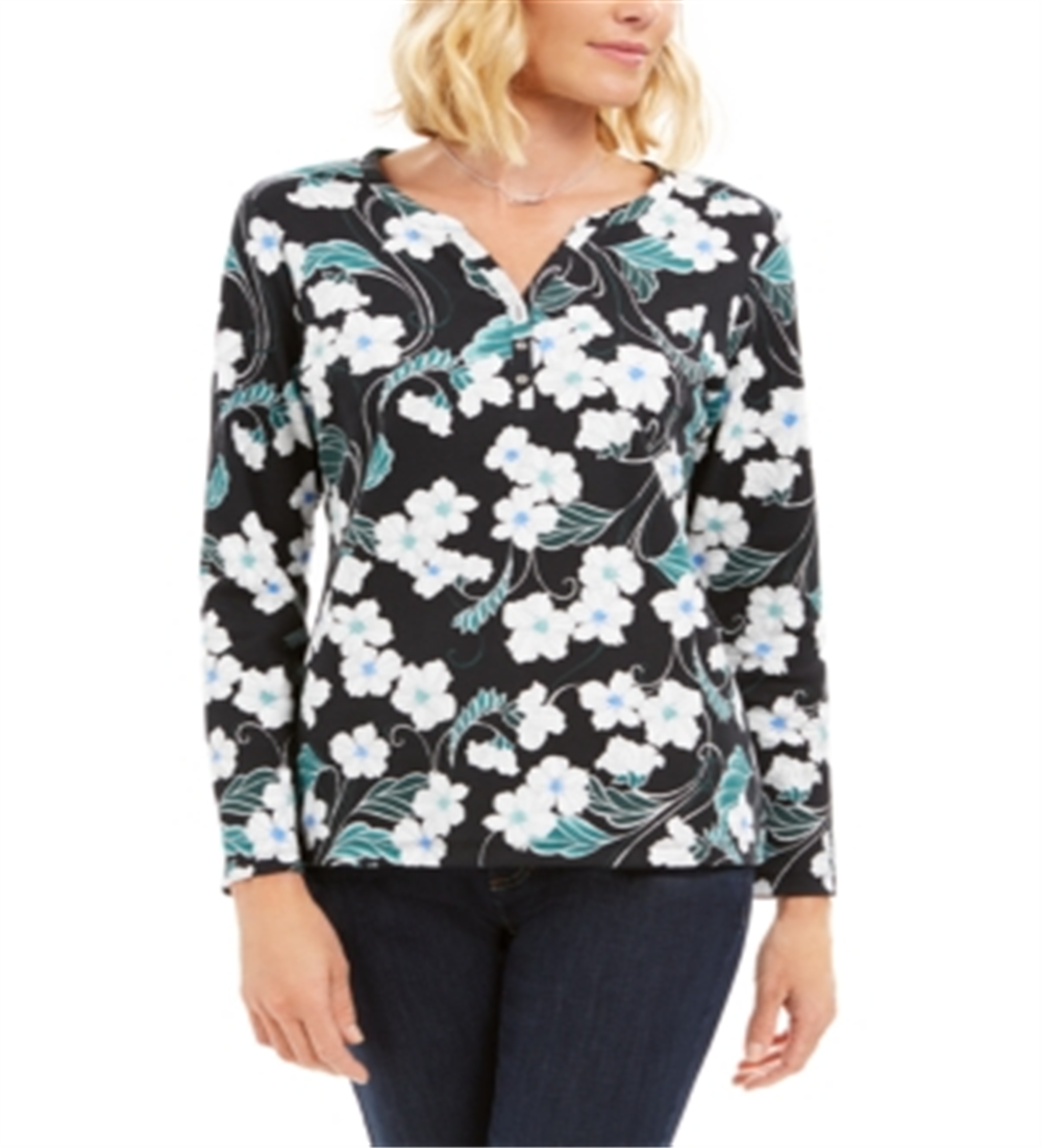 Karen Scott Glitter Vines Henley Top Feminino Verde Tamanho XX-G