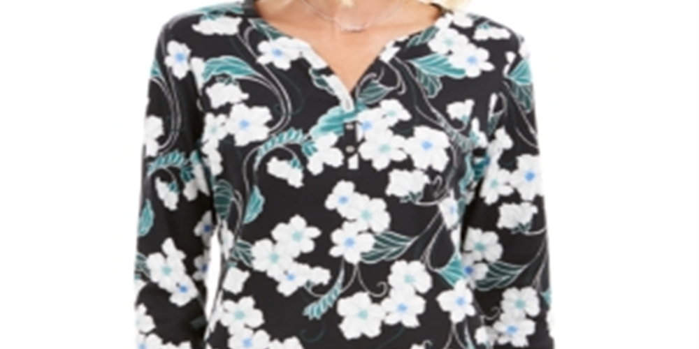 Karen Scott Glitter Vines Henley Top Feminino Verde Tamanho XX-G