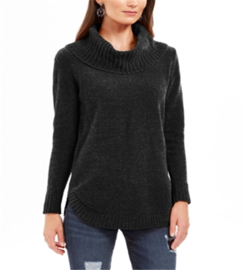 Suéter pulôver feminino de chenille com gola alta e manga comprida, preto, tamanho extragrande, da Style Co