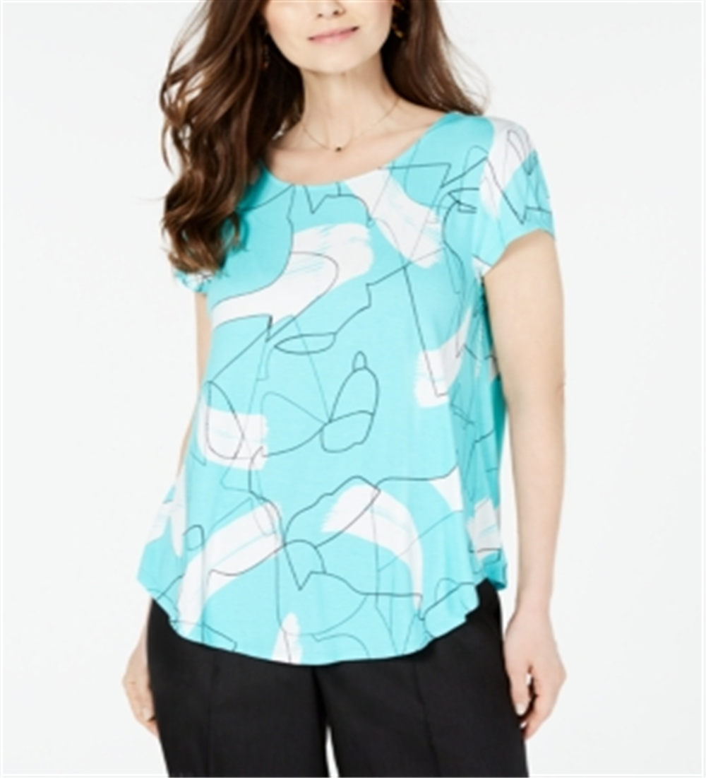 Camiseta feminina Alfani estampada com bainha redonda, azul, tamanho PP