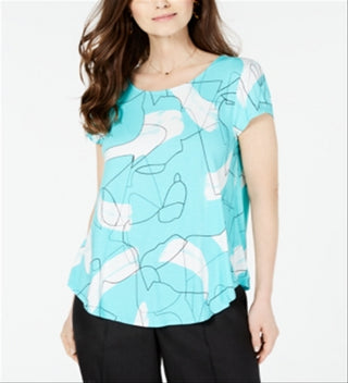 Camiseta feminina Alfani estampada com bainha redonda, azul, tamanho PP