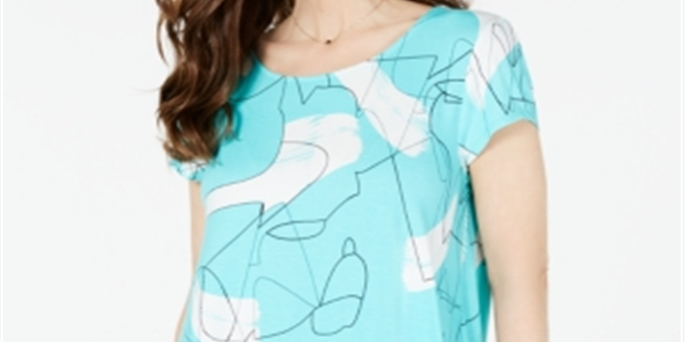 Camiseta feminina Alfani estampada com bainha redonda, azul, tamanho PP