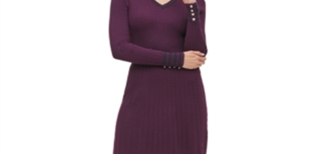 Vestido suéter feminino Tommy Hilfiger com decote em V e tricô trançado, roxo, tamanho GG