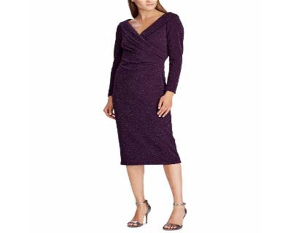 Vestido formal Ralph Lauren feminino com glitter falso, manga comprida, decote em V, abaixo do joelho, roxo, tamanho 10