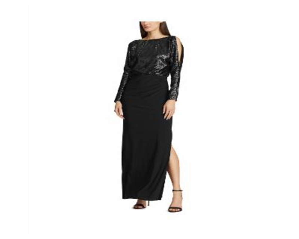 Vestido longo de festa longo com decote em joia e lantejoulas Ralph Lauren feminino, preto, tamanho 14