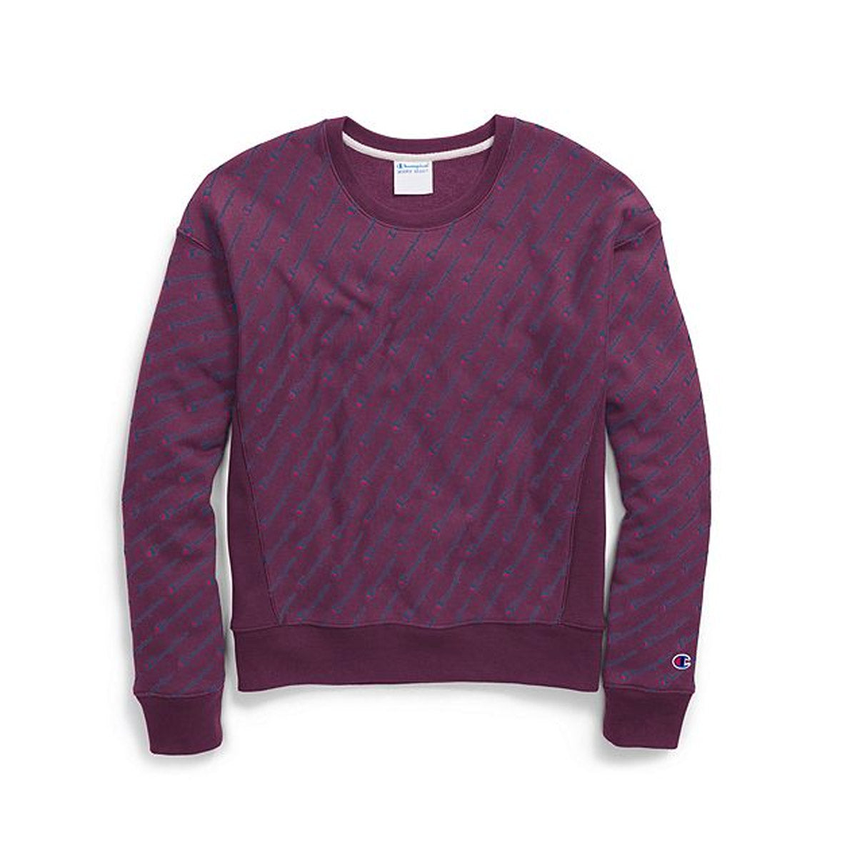 Camisa veneziana Champion Girl's Life Reverse Weave Crew All Over Logo Tossed C, roxa, tamanho pequeno