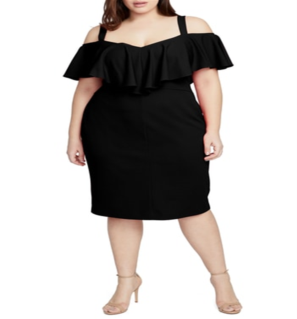 Vestido de festa feminino Rachel Roy com alças finas, ombro de fora e bainha abaixo do joelho, preto, tamanho 14W