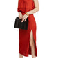 Vestido feminino com fenda, sem mangas, decote em V abaixo do joelho, vermelho, tamanho médio