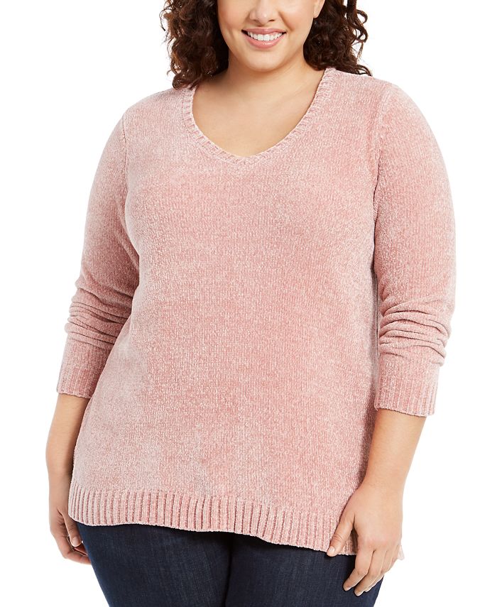 Karen Scott Suéter Feminino Plus com Gola V em Chenille Rosa Tamanho 2X