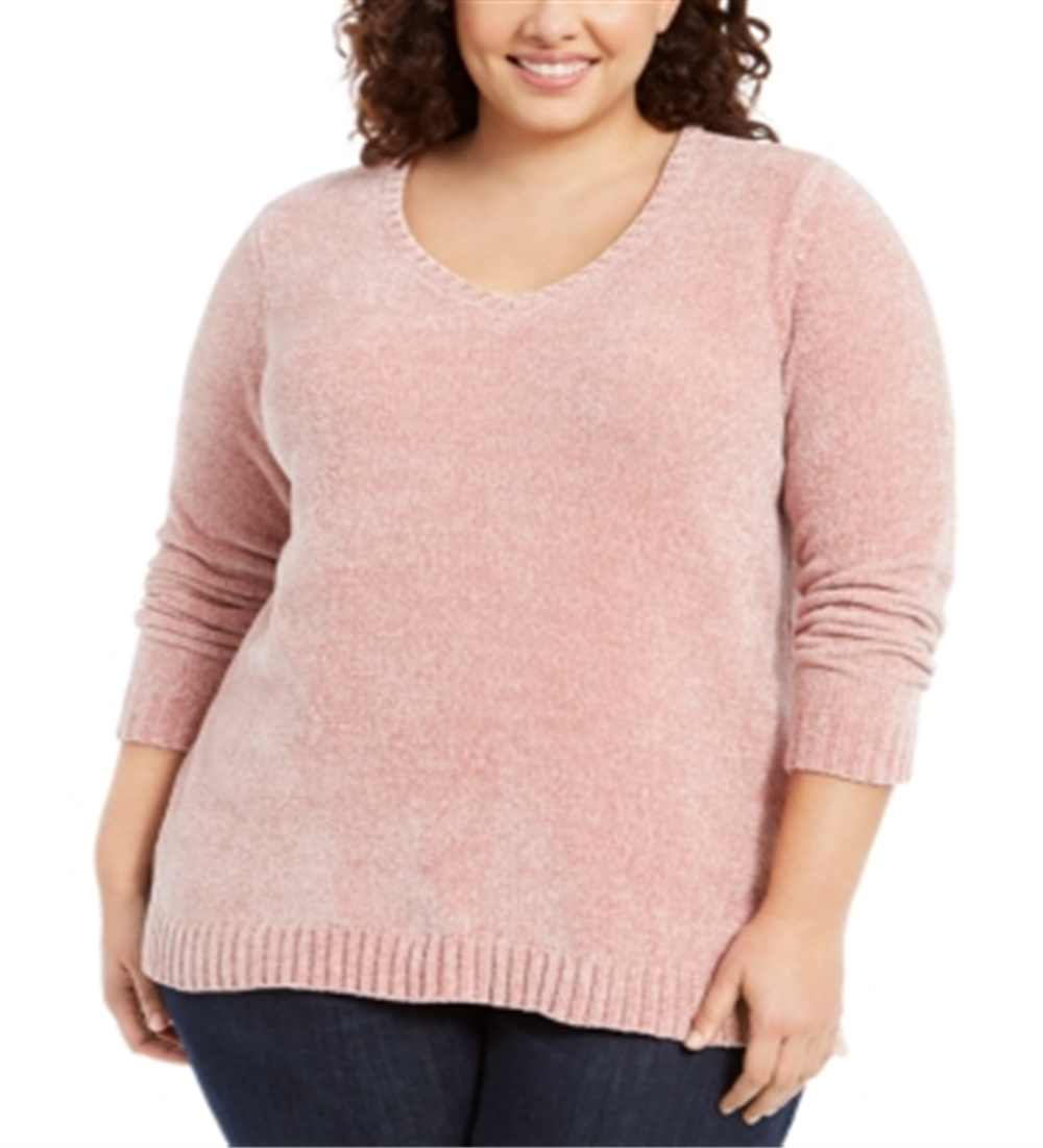 Karen Scott Suéter Feminino Plus com Gola V em Chenille Rosa Tamanho 2X