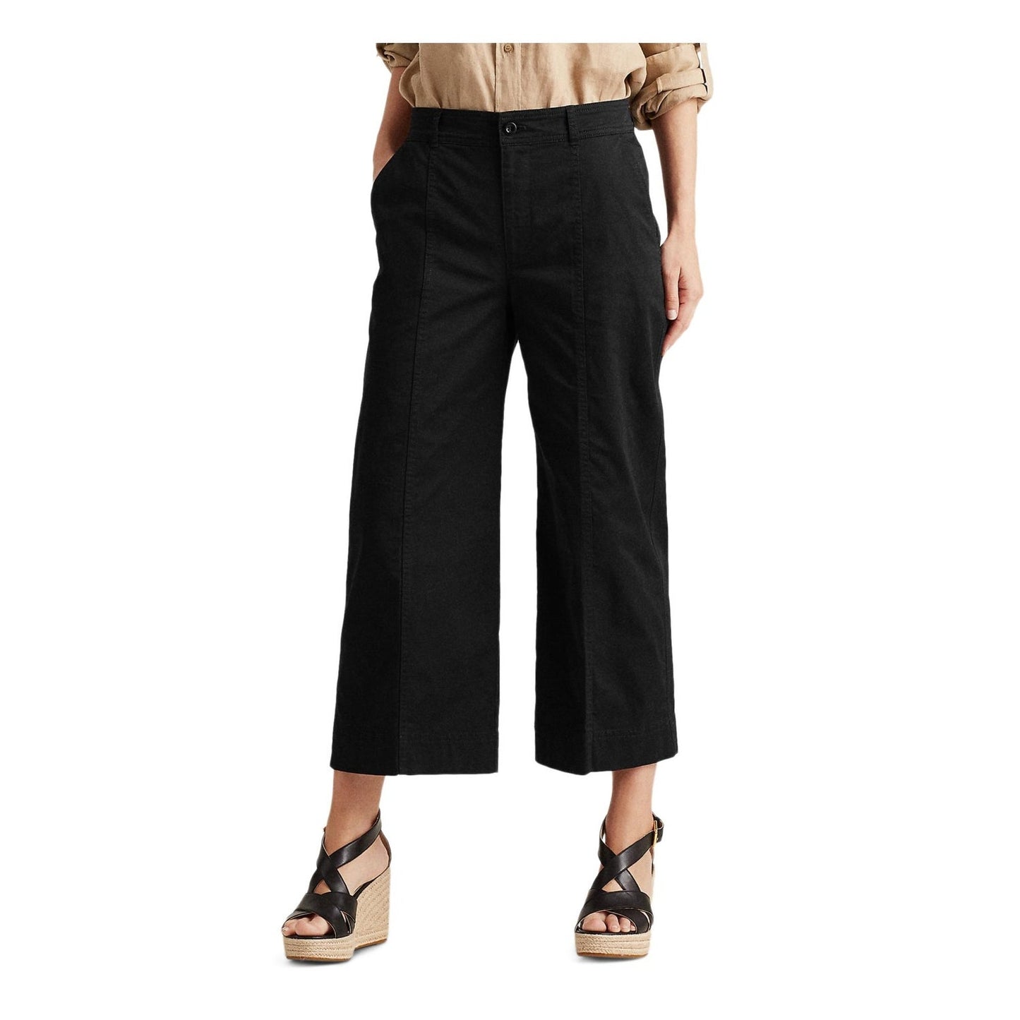Calça feminina Ralph Lauren cropped cintura alta perna larga preta tamanho 12