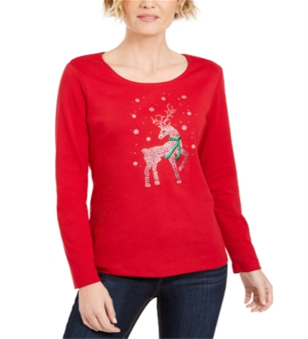 Camisa feminina Karen Scott com rena e strass para o feriado, vermelha, tamanho X-S