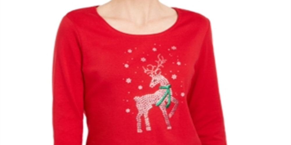 Camisa feminina Karen Scott com rena e strass para o feriado, vermelha, tamanho X-S