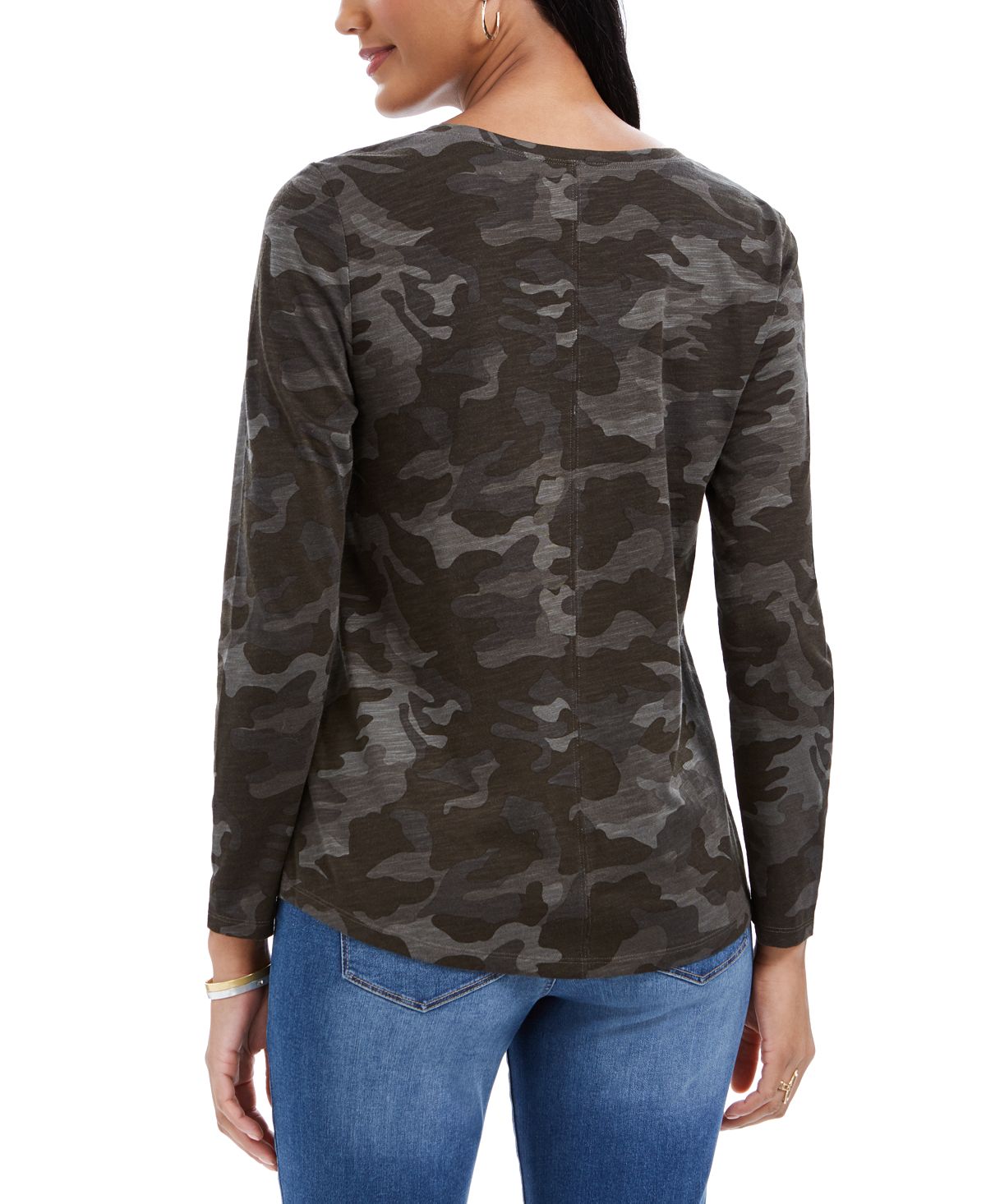 Blusa feminina estilo camuflagem com decote em V, verde, tamanho pequeno