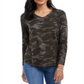 Blusa feminina estilo camuflagem com decote em V, verde, tamanho pequeno