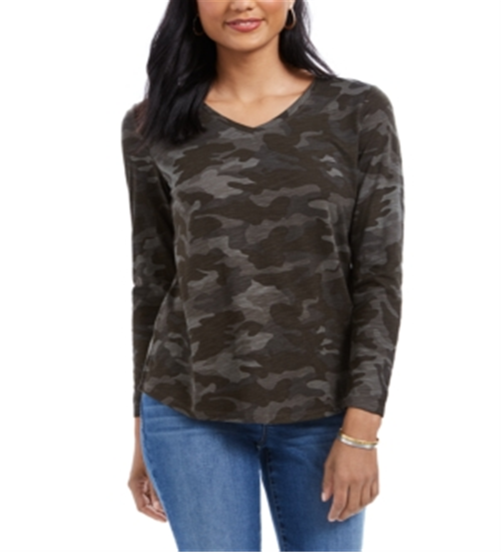 Blusa feminina estilo camuflagem com decote em V, verde, tamanho pequeno