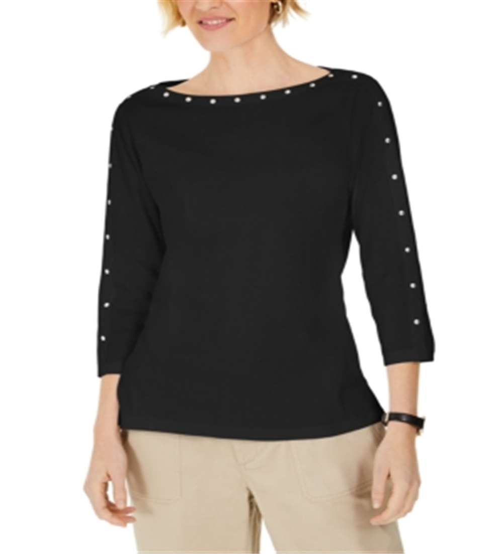 Karen Scott Top Feminino Manga 3/4 com Tachas Preto Tamanho X-S