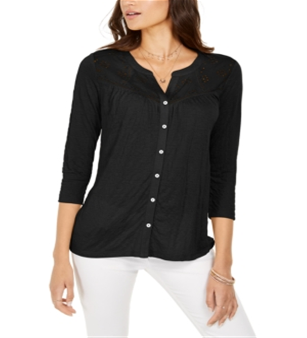 Top feminino com botões frontais e ilhós Style &amp; Co, preto, tamanho grande