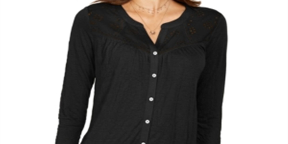 Top feminino com botões frontais e ilhós Style &amp; Co, preto, tamanho grande