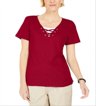 Karen Scott Women's Lace up Layered Look Top Red Size Medium
