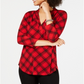 Top xadrez feminino Charter Club com manga 3/4, vermelho, tamanho pequeno GG