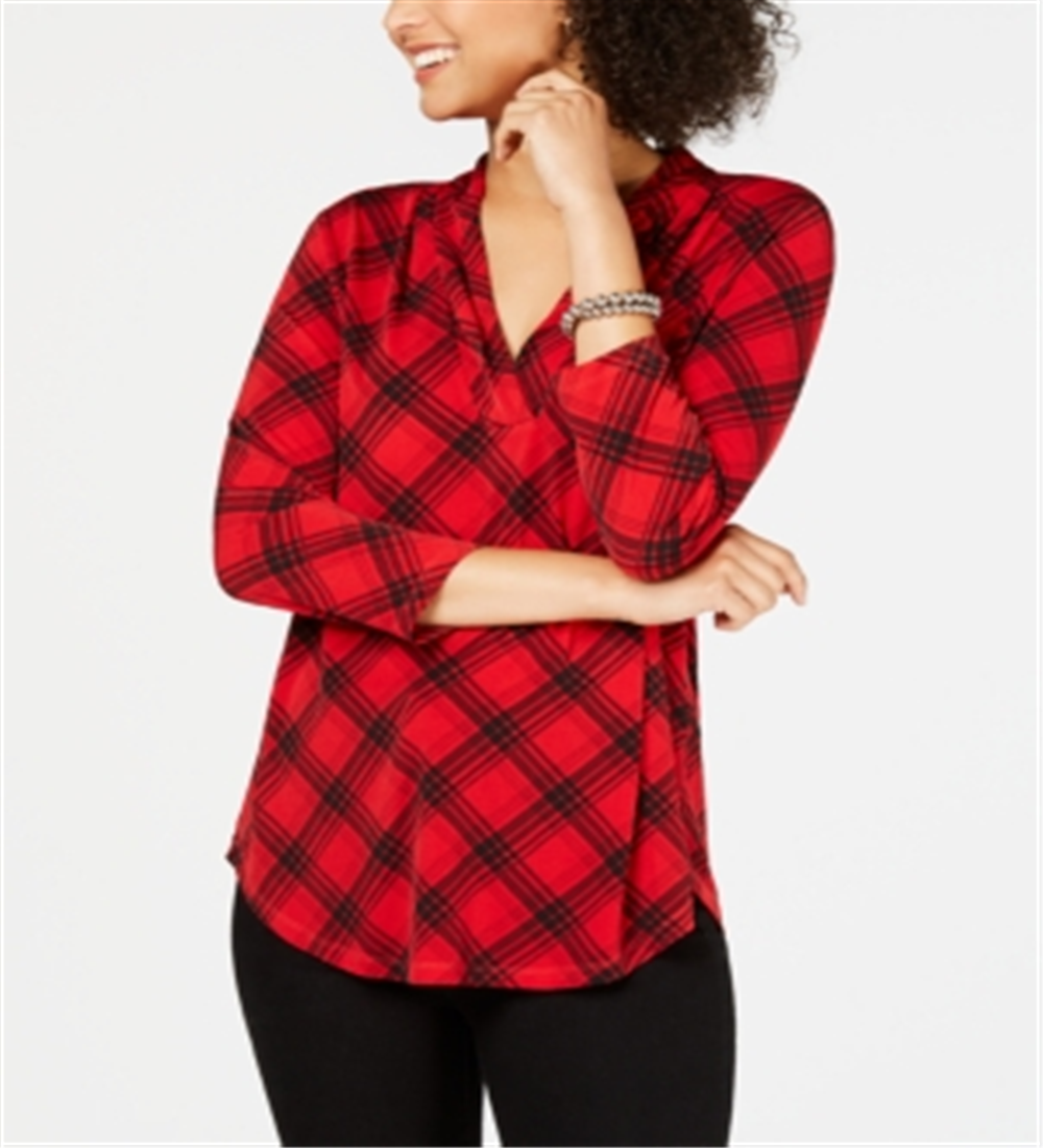 Top xadrez feminino Charter Club com manga 3/4, vermelho, tamanho pequeno GG