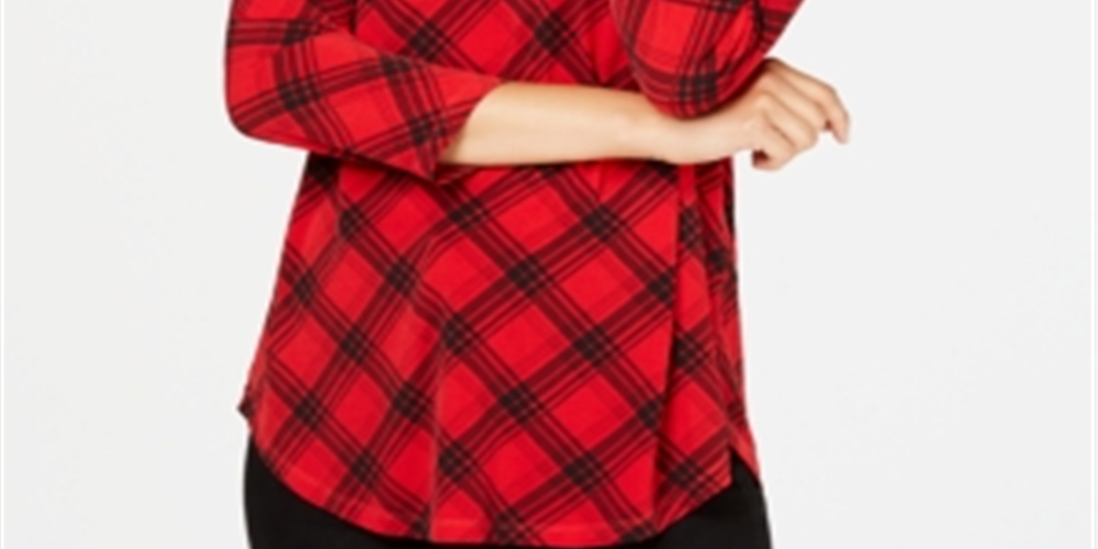 Top xadrez feminino Charter Club com manga 3/4, vermelho, tamanho pequeno GG