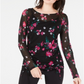 Blusa feminina floral de manga comprida com decote em joia, preta, tamanho médio