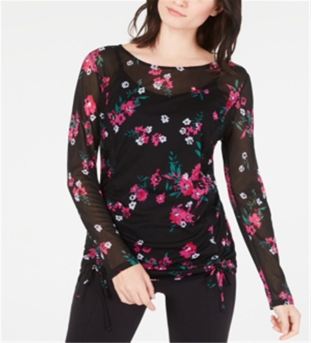 Blusa feminina floral de manga comprida com decote em joia, preta, tamanho médio