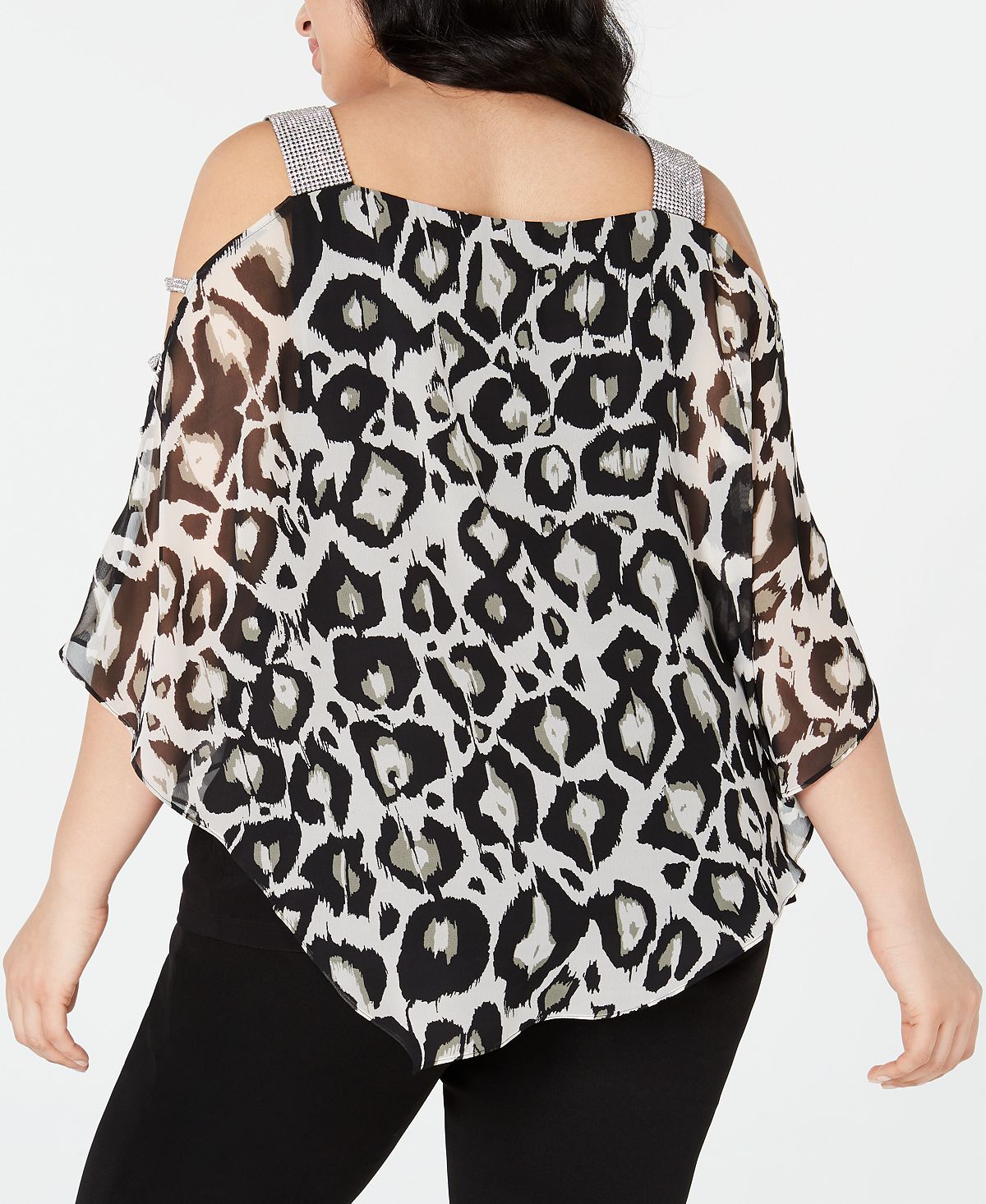 Blusa feminina MSK com strass e estampa animal, gola quadrada, preta, tamanho 1X