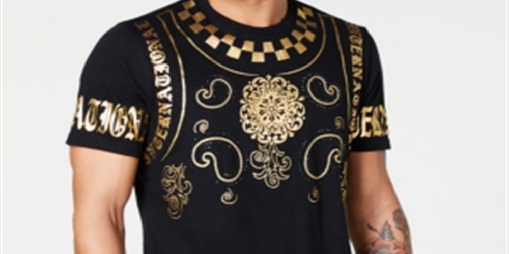 Camiseta masculina com estampa barroca e detalhes em folha da Inc International Concepts - Preto profundo, tamanho P