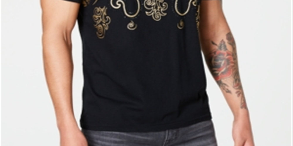 Camiseta masculina com estampa barroca e detalhes em folha da Inc International Concepts - Preto profundo, tamanho P