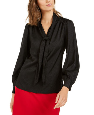 Blusa feminina Calvin Klein com decote em jacquard e laço, preta, tamanho pequeno G