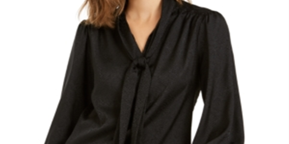 Blusa feminina Calvin Klein com decote em jacquard e laço, preta, tamanho pequeno G