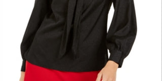 Blusa feminina Calvin Klein com decote em jacquard e laço, preta, tamanho pequeno G