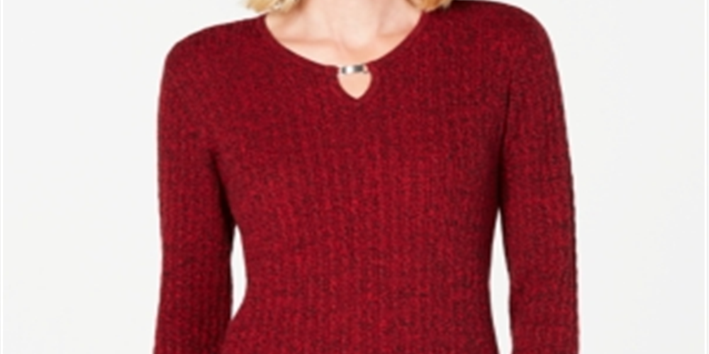 Karen Scott Suéter Feminino de Tricô com Cordão de Algodão e Buraco de Fechadura Vermelho Tamanho Pequeno Pequeno
