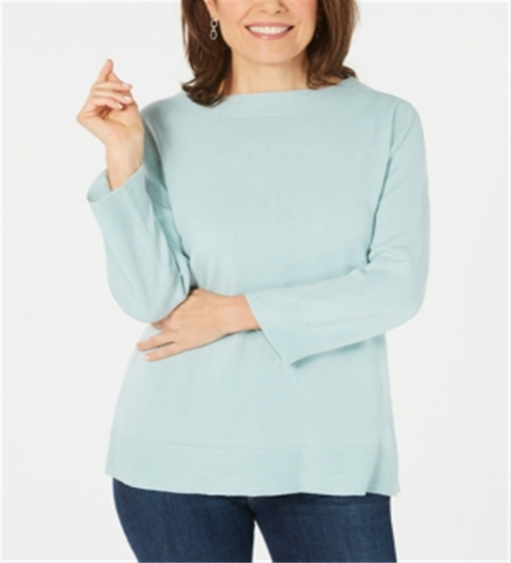 Blusa feminina Karen Scott com estampa canelada, manga comprida, gola redonda, azul, tamanho pequeno GG