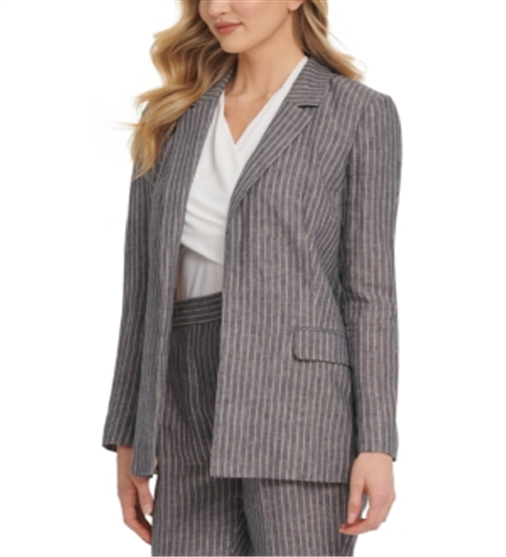 Blazer listrado de linho feminino DKNY, azul-marinho, tamanho 6
