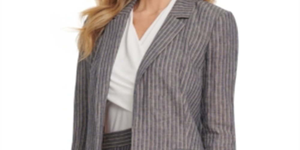 Blazer listrado de linho feminino DKNY, azul-marinho, tamanho 6