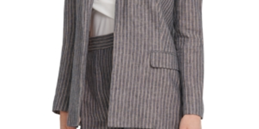 Blazer listrado de linho feminino DKNY, azul-marinho, tamanho 6