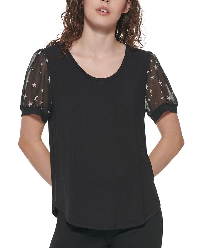 Blusa feminina DKNY com manga bufante e estampa de mídia mista, preta, tamanho grande