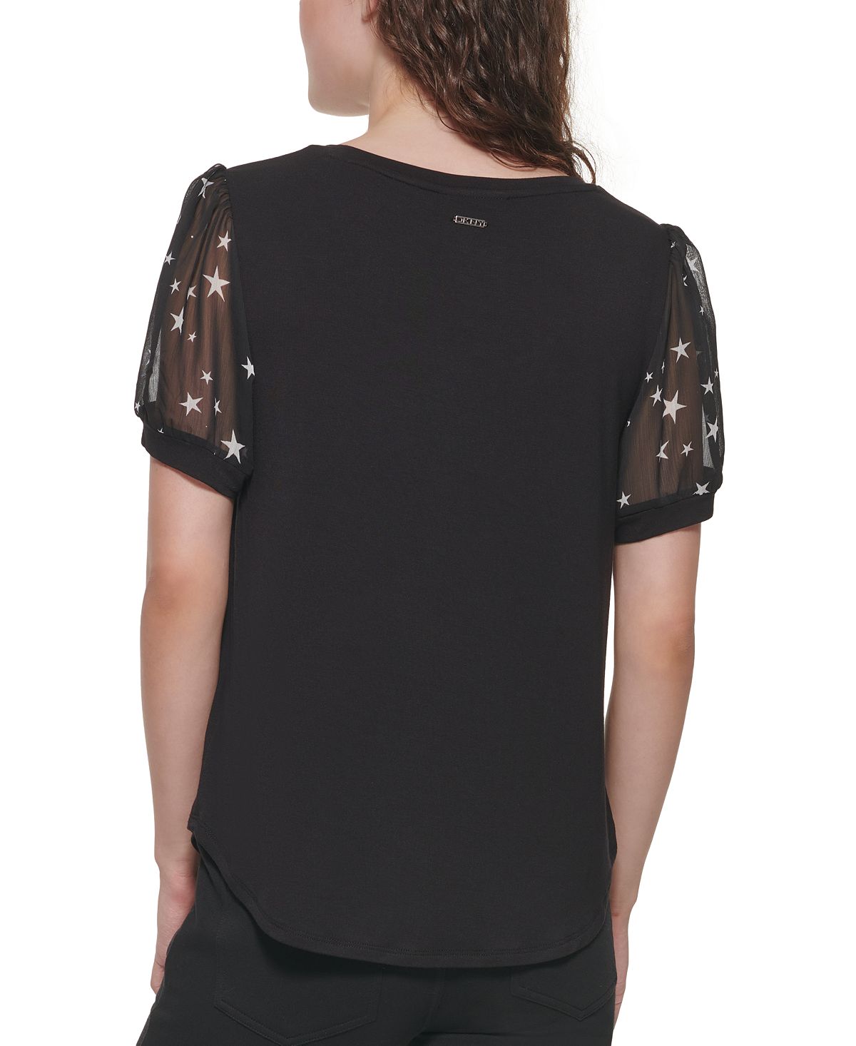 Blusa feminina DKNY com manga bufante e estampa de mídia mista, preta, tamanho grande