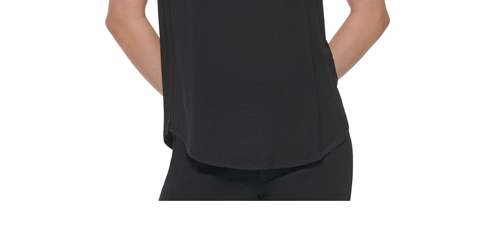 Blusa feminina DKNY com manga bufante e estampa de mídia mista, preta, tamanho grande