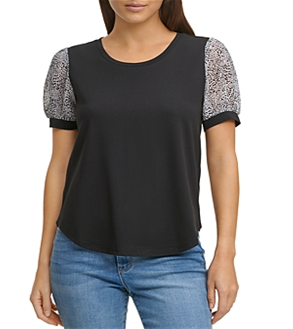 Blusa feminina DKNY com manga bufante e estampa de mídia mista, preta, tamanho grande