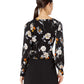 Suéter feminino floral de manga comprida com decote em V, preto, tamanho pequeno