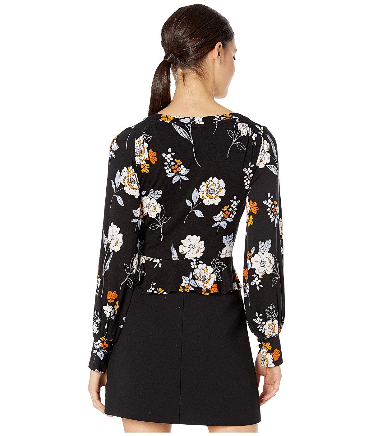 Suéter feminino floral de manga comprida com decote em V, preto, tamanho pequeno