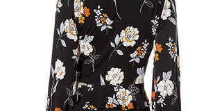 Suéter feminino floral de manga comprida com decote em V, preto, tamanho pequeno